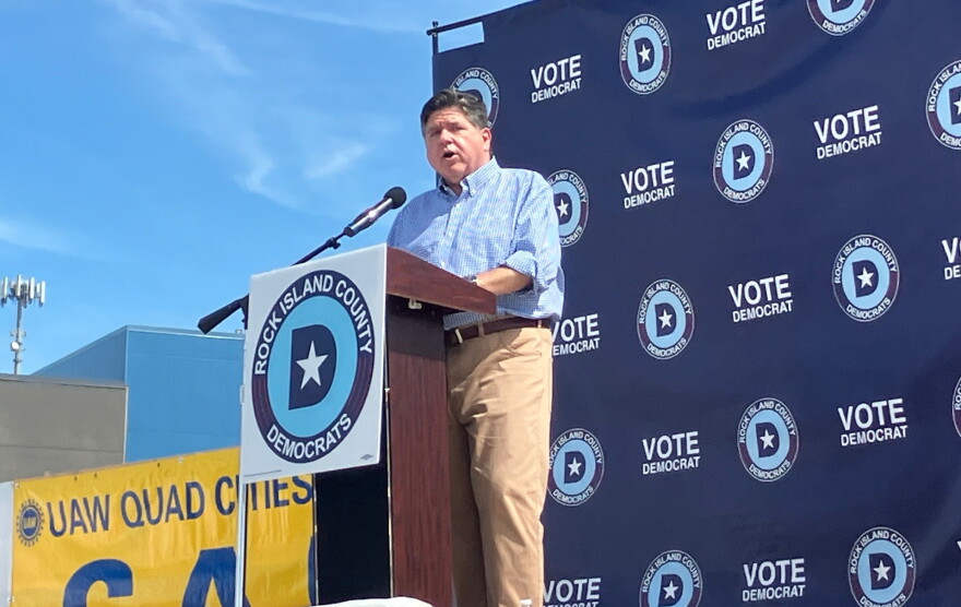 Illinois Gov. JB Pritzker, who's seeking a third term this November, speaks at the 57th-annual Salute to Labor picnic at the Mid-America Carpenters Regional Council’s Quad Cities site in East Moline.