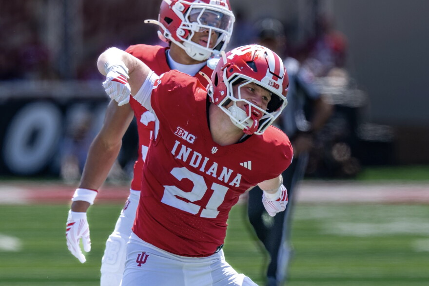 Indiana linebacker Jacob Savage (21) reacts after making a defensive stop during the second half of an NCAA college football game against North Texas, Saturday, Sept. 5, 2026, in Bloomington, Ind.
