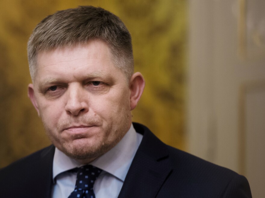 Slovak Prime Minister Robert Fico looks on during a news conference in Bratislava on Wednesday.