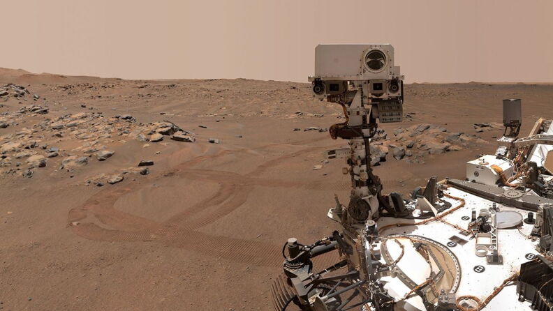 NASA’s Perseverance rover takes a selfie, capturing part of the rover and track marks left on the Martian surface.