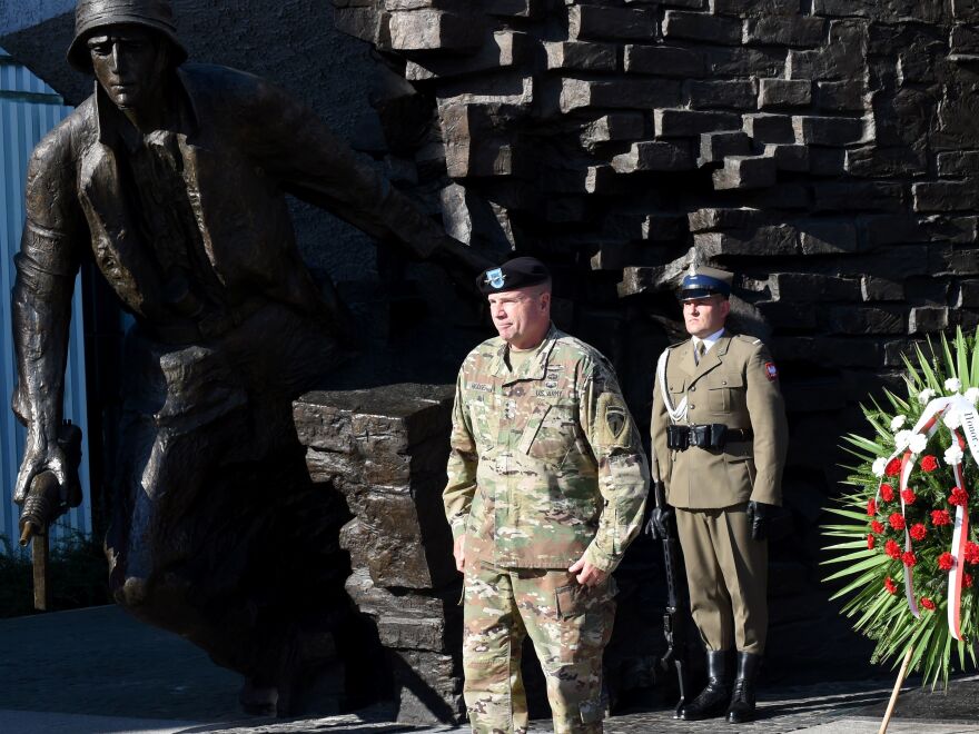 Lt. Gen. Ben Hodges, then the Army commander in Europe, stands after laying a wreath at the Warsaw Uprising Monument in Warsaw, Poland, on the eve of Armed Forces Day in August 2017. The U.S. Army Europe opened new headquarters in Poland in May 2017.
