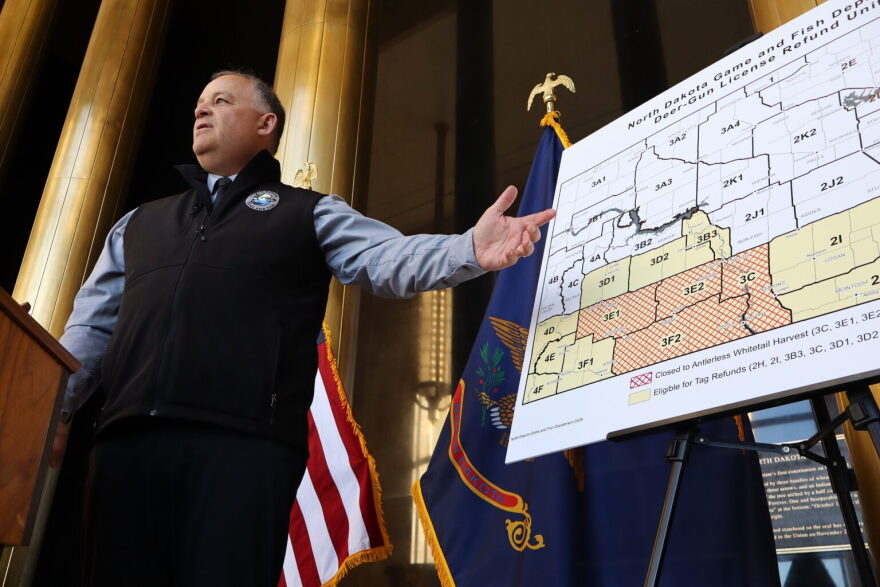 North Dakota Game and Fish Department Director Jeb Williams gestures during an Oct. 19, 2026, news conference.