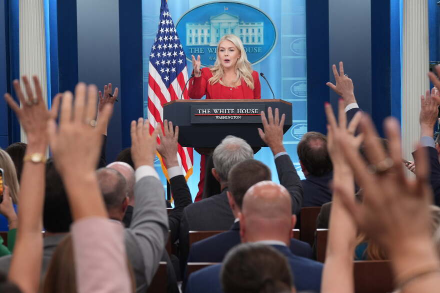 FILE - White House press secretary Karoline Leavitt speaks with reporters in the James Brady Press Briefing Room at the White House, July 23, 2026, in Washington.