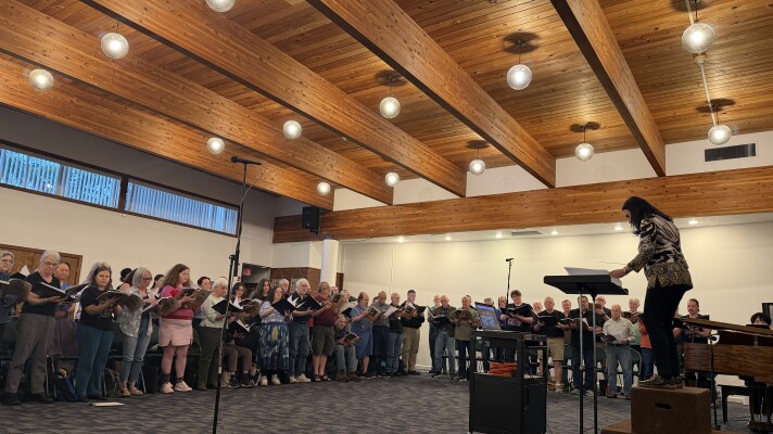 Diane Retallack, the Artistic Director of the Eugene Concert Choir conducts a rehearsal of Paul McCartney's "Liverpool Oratorio," May 5, 2026.