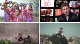Scenes from nominated videos (clockwise from upper left): The video "Make No Assumptions" tries to figure out the best image to solicit donations; Oscar winner Eddie Redmayne asks viewers to help the suffering in Yemen; singer Ed Sheeran befriends a Liberian homeless kid; a child in a conflict zone imagines an adventure with Batman.