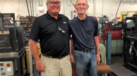 Dan Collins, left, is VP of marketing at Wire Products Company in Cleveland. Roger Wenmoth, right, at 80 years-old has been working on the same shop floor for more than 61 years.