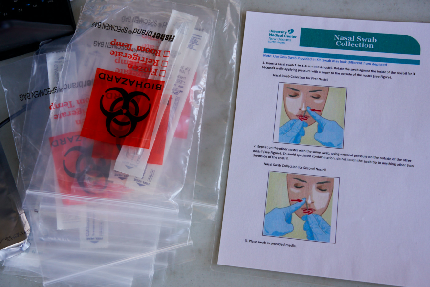 A COVID-19 test kit displayed in New Orleans East in May.