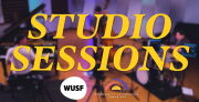 Art image says Studio Sessions in yellow with a blurred-out picture of an overhead view of a stage in the background