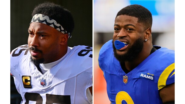 FILE - This photo combination shows Cleveland Browns defensive end Myles Garrett, left, in Cincinnati, Jan. 4, 2026, and Los Angeles Rams linebacker Jared Verse, Jan. 4, 2026, in Inglewood, Calif. 