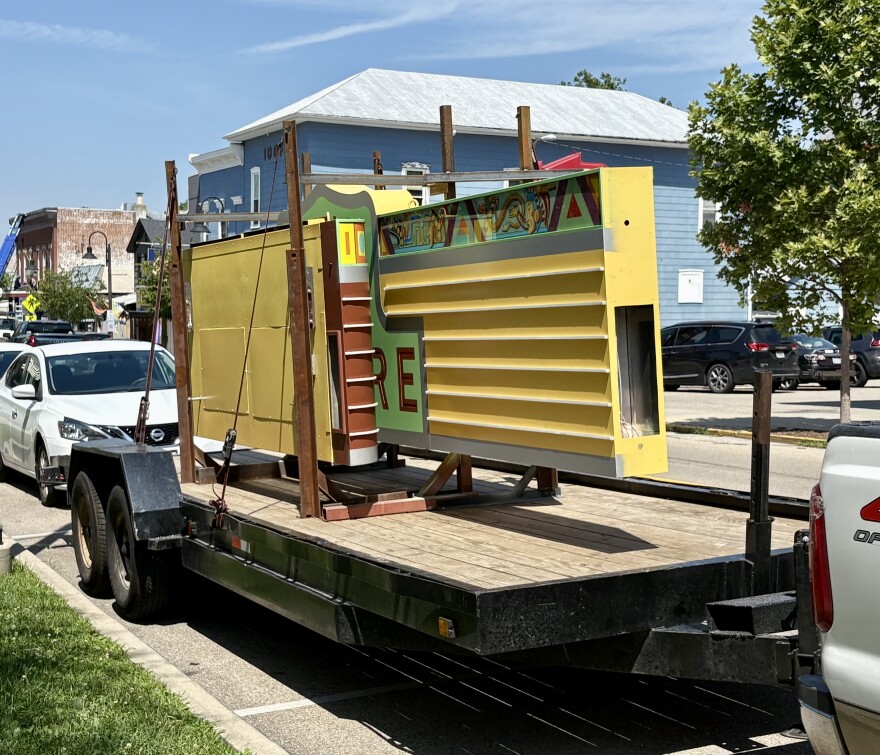 The new marquee sits on a trailer until installation