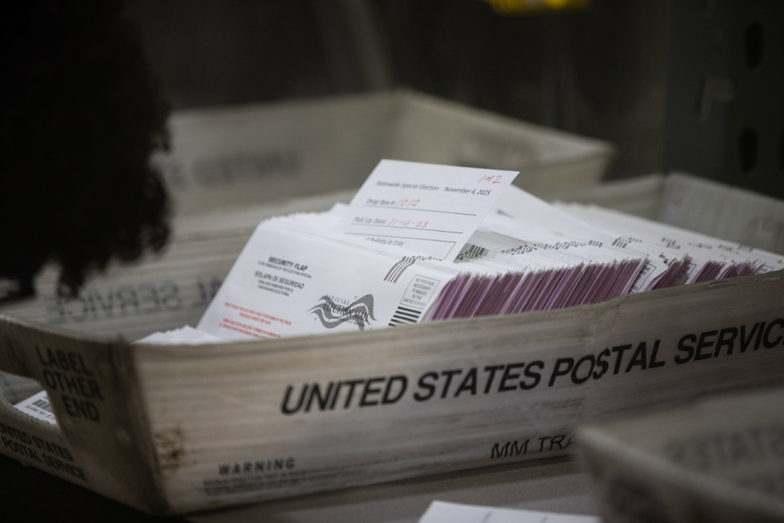 Voting ballots stacked in crates in the Fresno County Elections Warehouse in Fresno on Nov. 5, 2025.
