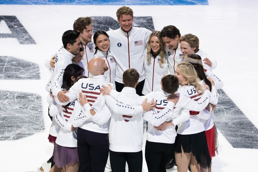 The 2026 U.S. Olympic Figure Skating Team gathers after being named at the Enterprise Center on Sunday, Jan. 11, 2026, in St. Louis’ Downtown West neighborhood.
