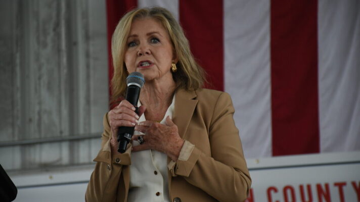 U.S. Sen. Marsha Blackburn addresses the crowd at a GOP "Get Out the Vote" rally in Chattanooga on Sunday, Oct. 4, 2026.