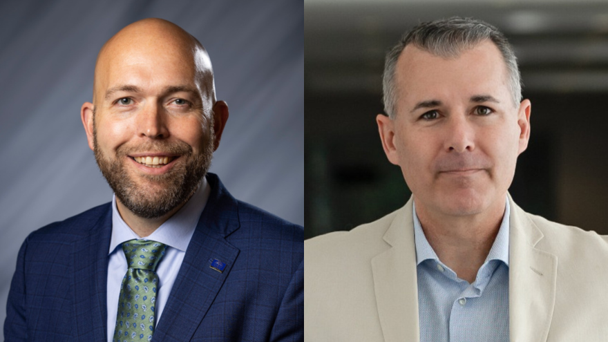 Indiana House District 32 candidates from left to right: Incumbent Republican Robb Greene and Democrat Michael Potter.