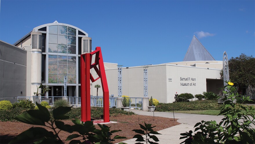 The front exterior view of the Samuel P. Harn Museum of Art at the University of Florida.