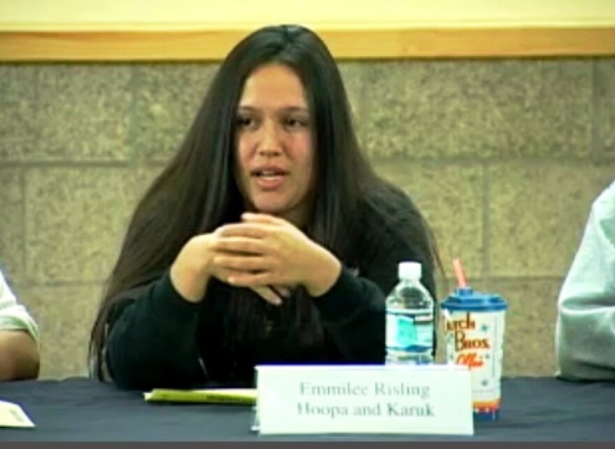  In a still from a U of O video from March 5, 2010 Emilee Risling - of the Native American Student Union - talks about Indigenous issues with a student panel.