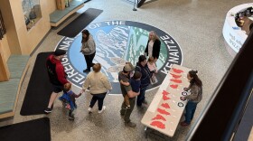 Students check in at Tułen Charter School on Wednesday, Aug. 20, 2025 in Kenai, Alaska.