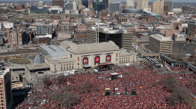 Thousands gather for the Kansas City Chiefs Super Bowl LVIII parade on Wednesday, Feb. 14, 2024, in Kansas City, MO.