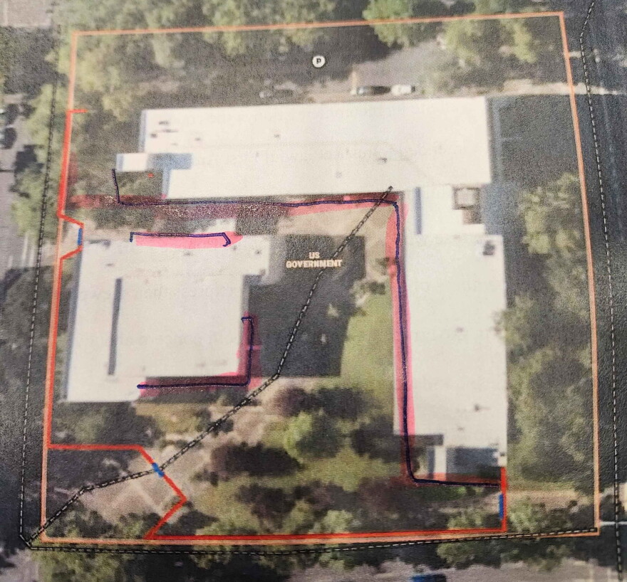 A map of the Eugene Federal Building. Judge Mustafa Kasubhai said his blue markings indicate where a fence could be placed. Taken in court June 22, 2026.