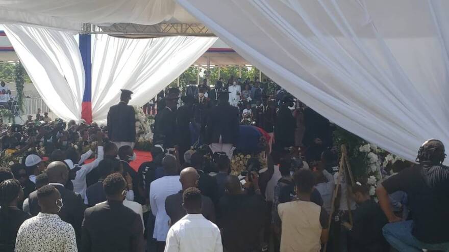 Crowd gathers at the funeral for Haiti President Jovenel Moise in Cap-Haitien Friday morning.