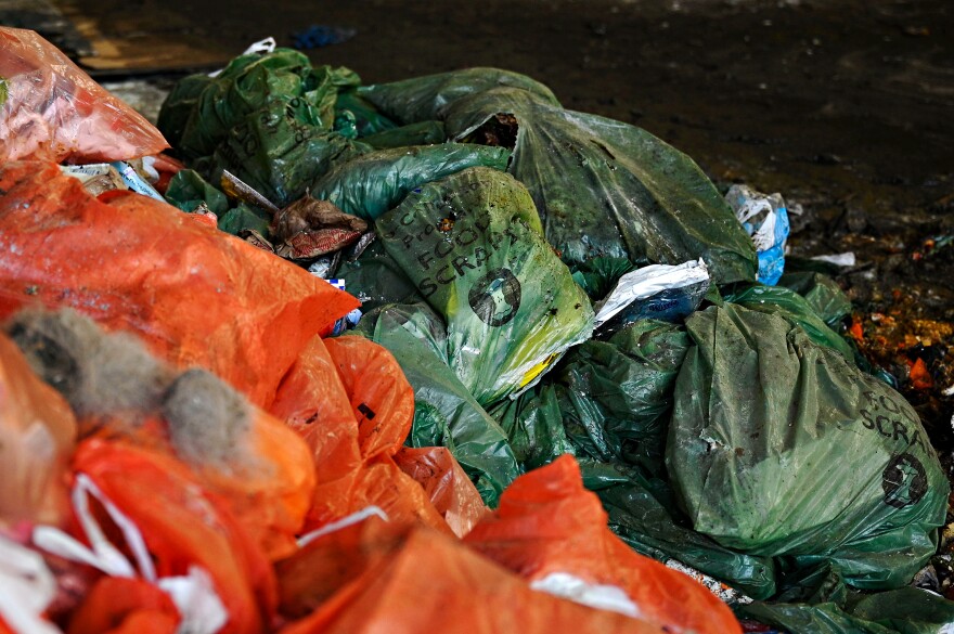 Green bags full of food scraps sit next to orange bags full of trash after being dropped off at HQ Dumpsters and Recycling in Southington. The load of waste materials is a part of a pilot municipal food waste recycling program in the town of Meriden, where about 1,000 households are now separating their old food from their trash to be transferred to an anaerobic digester and turned into electrical power and compost.