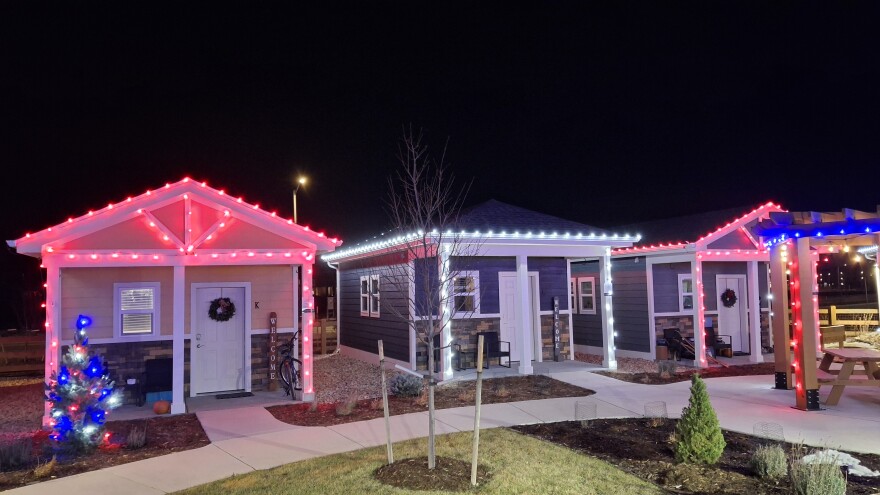 On December 9, 2025, all 26 tiny homes in the VCP Longmont village were lit up for the holidays.