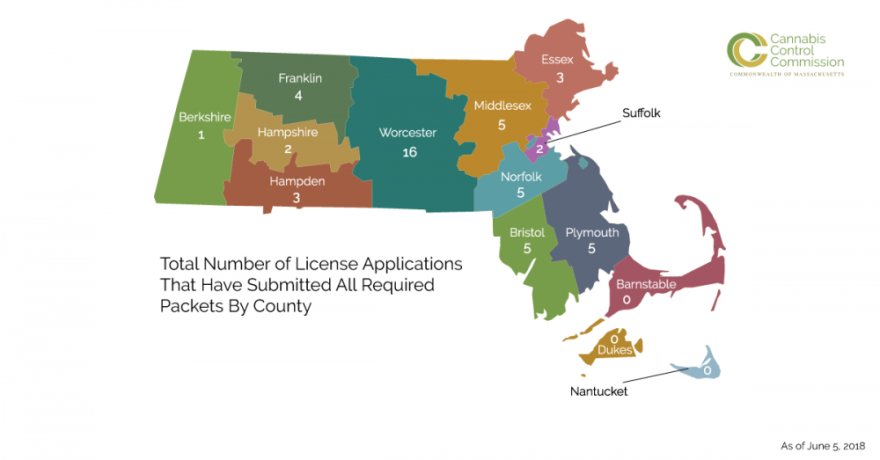 There are 51 license applicants under review by the Massachusetts Cannabis Control Commission as of June 5, 2018. 