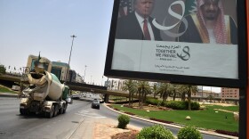 A billboard bearing portraits of President Trump and Saudi Arabia's King Salman is seen on a main road in Riyadh, on May 19, 2017. (Giuseppe Cacace/AFP/Getty Images)