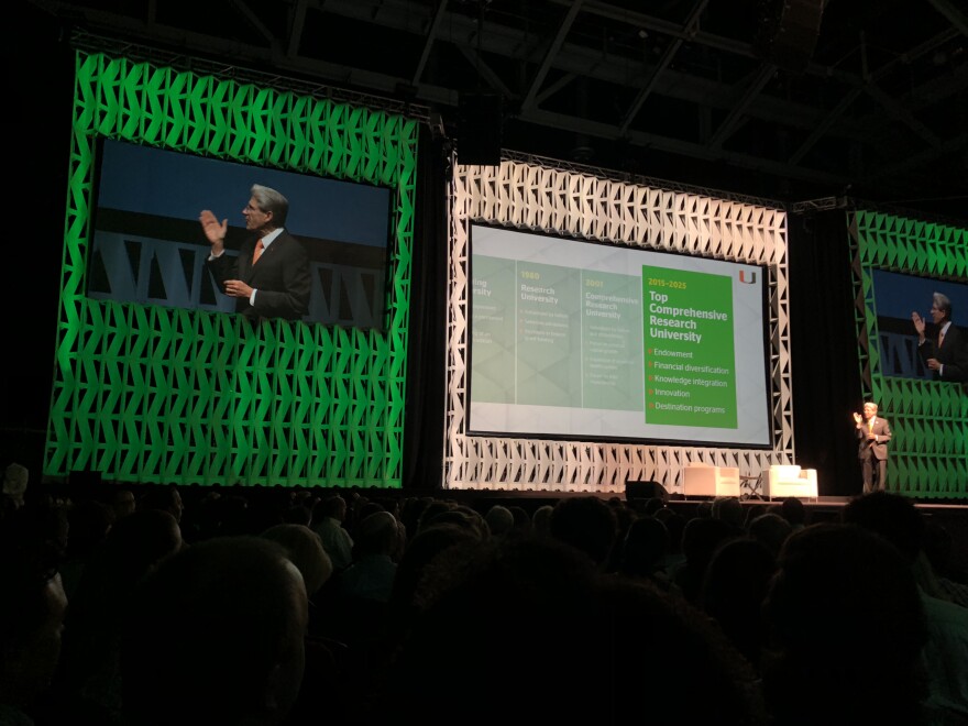 University of Miami president Julio Frenk delivers a state of the university address on campus at Coral Gables on Monday.