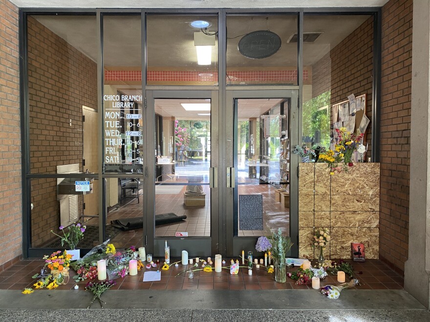 Flowers are left outside the Butte County Library in Chico, Calif. on June 25, 2026.