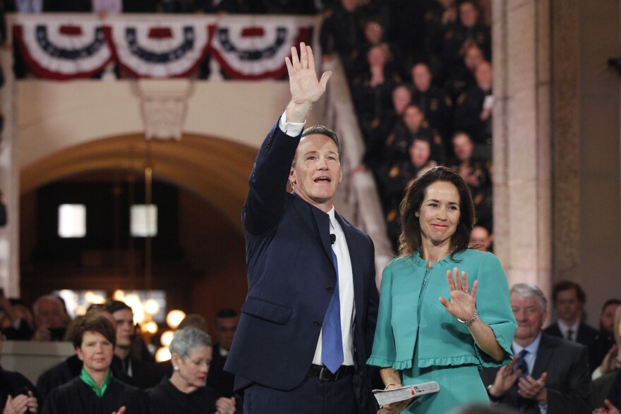 Lt. Gov. Jon Husted and Tina Husted wave to supporters.