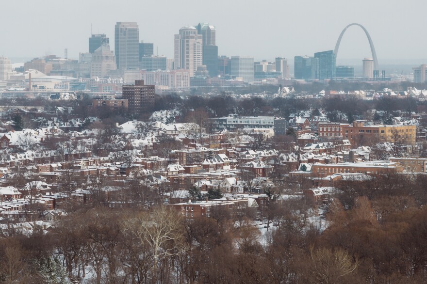 The St. Louis skyline rises beyond the edge of Tower Grove Park and the city’s Shaw neighborhood after a winter storm brought fresh snowfall to the region on Sunday, Jan. 25, 2026, in St. Louis.