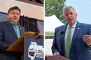 Gov. JB Pritzker, left, and Republican Darren Bailey speak at a candidate forum on agriculture issues at a farm near Bloomington on Monday, Aug. 10, 2026.