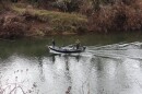 A motorized drift boat on the upper Siletz River near the Ojalla bridge on February 15, 2026.
