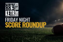 Friday Night Score Roundup image with a football in the foreground lying on a nighttime lit gridiron, stands empty.