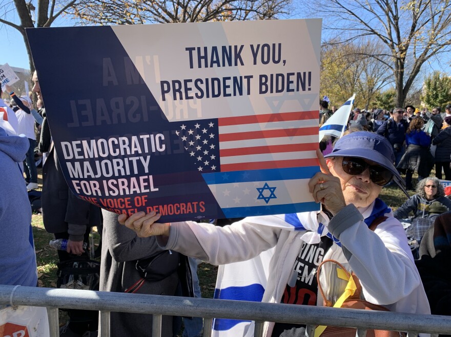 Yaffa Rubinstein, 75, attended a recent pro-Israel rally in Washington, D.C. She supports President Biden but says she's disappointed with what she calls anti-Israel rhetoric from some Democrats.