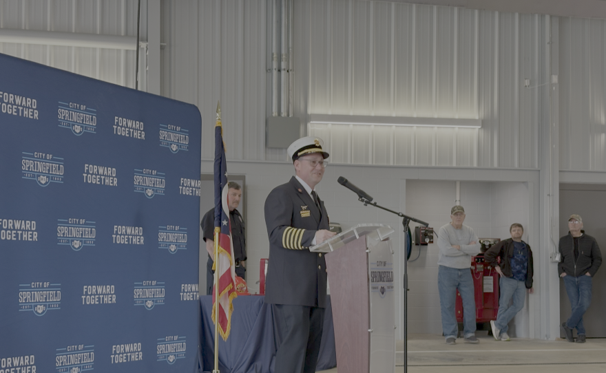 Fire Chief Jacob King at a podium giving a speech