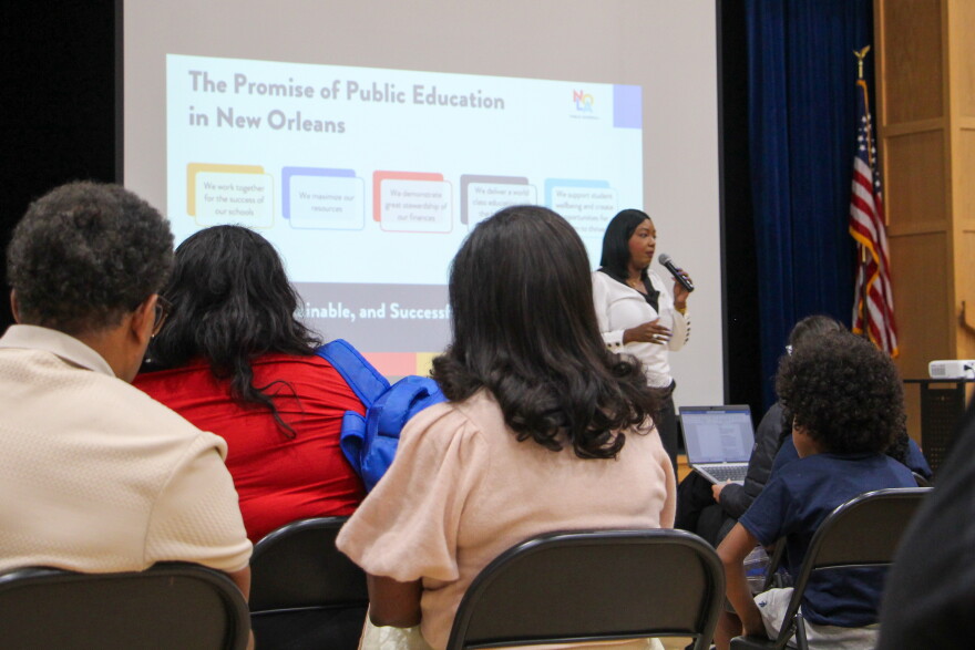 Superintendent Fateama Fulmore speaks to families at Fannie C. Williams in New Orleans East on Oct. 15, 2026.