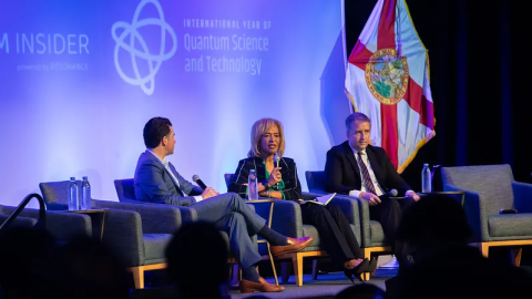 Matt Cimaglia, left, founder of Quantum Coast Capital, moderates a discussion with Palm Beach State College President Ava Parker and Florida Commerce Secretary Alex Kelly at last year’s Quantum Beach conference in West Palm Beach.