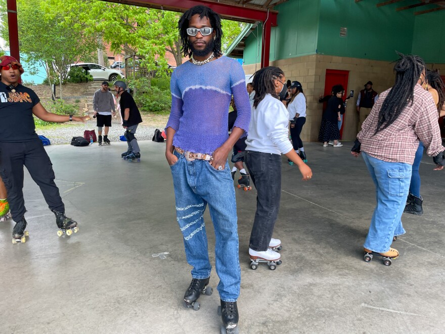 Roller skater Godric Graham at a skate party in Durham Central Park on April 26, 2024. 