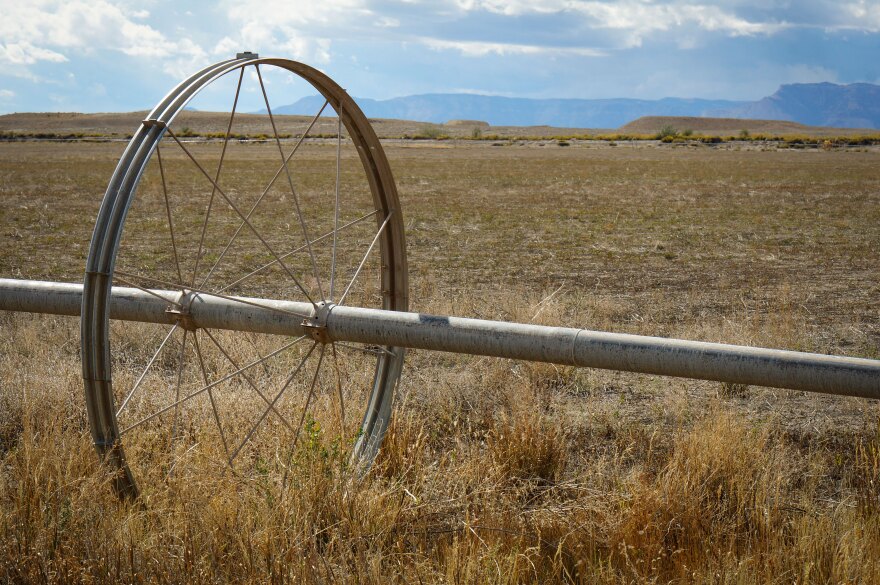 An irrigation line sits idle at one of the fields Kevin Cotner is fallowing with the Utah pilot program, Sept. 30, 2025.