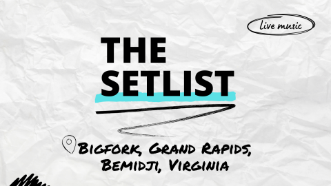 "The Setlist" and "Bigfork, Grand Rapids, Bemidji, Virginia" written over a crumpled paper background.