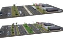 The top view shows the existing Veterans Parkway configuration with six lanes. One of the alternate designs in the draft plan is seen below, also with six lanes — but with shared-use paths on the sides and a larger median.
