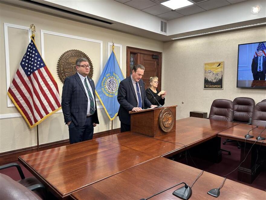 Lt. Gov. Tony Venhuizen and Gov. Larry Rhoden speak to reporters at a press conference on Jan. 29, 2026, at the Capitol building in Pierre, SD.