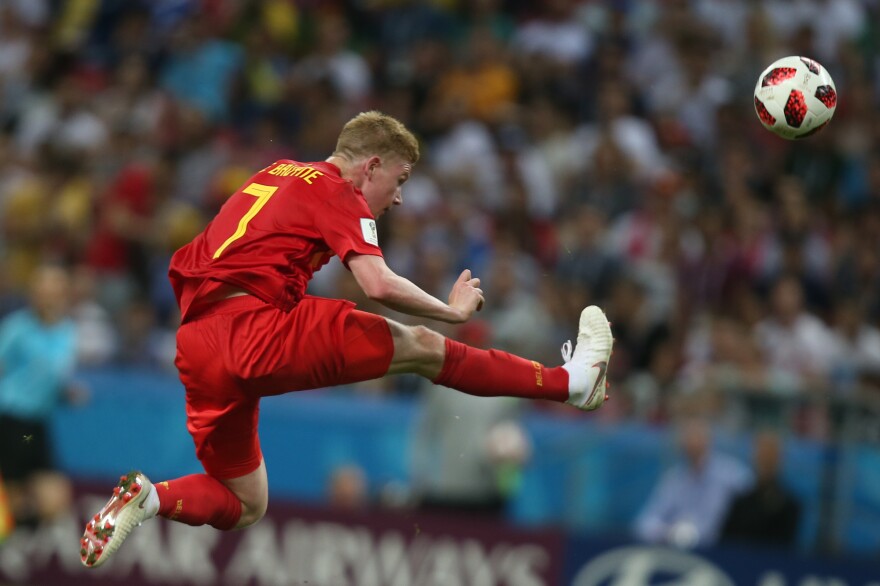 Belgium's midfielder Kevin De Bruyne controls the ball during the Russia 2018 World Cup quarter-final football match between Brazil and Belgium at the Kazan Arena in Kazan, Russia, on July 6, 2018.