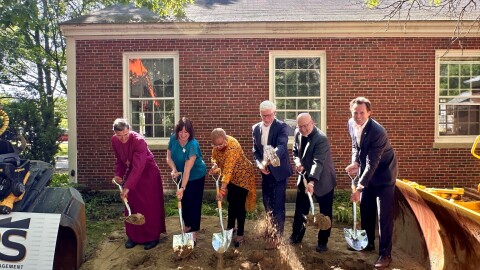 From left to right, Bishop Rob Hirschfeld, Haven Executive Director Kathy Beebe, Executive Director of the Black Heritage Trail of New Hampshire JerriAnne Boggis, Portsmouth Housing Authority Executive Director Craig Welch, the Rev. Steve Falci and Portsmouth Mayor Deaglan McEachern break ground on the redevelopment of Langdon Farm.