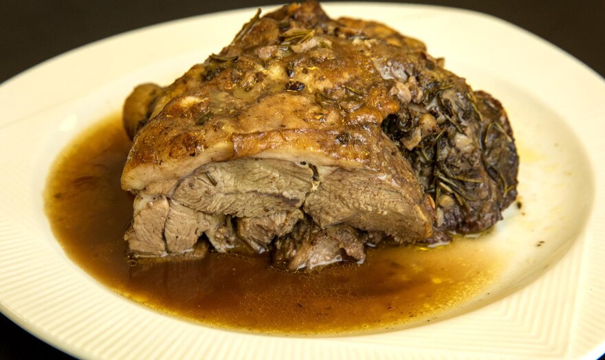 Braised shoulder of lamb with herbs, garlic and lemon, from chef Kathy Gunst. (Robin Lubbock/WBUR)