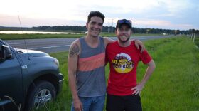 Leo Gonzalez and Chris Sills enjoyed their evening fishing at Paynes Prairie along U.S. 441, speeding cars and all. They fish on a stretch where Alachua County is considering building a linear park. (Eve Rosen/WUFT News)