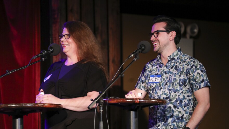 Contestants Alysa O'Shea and Mike Racioppa appear on <em>Ask Me Another</em> at the Bell House in Brooklyn, New York.