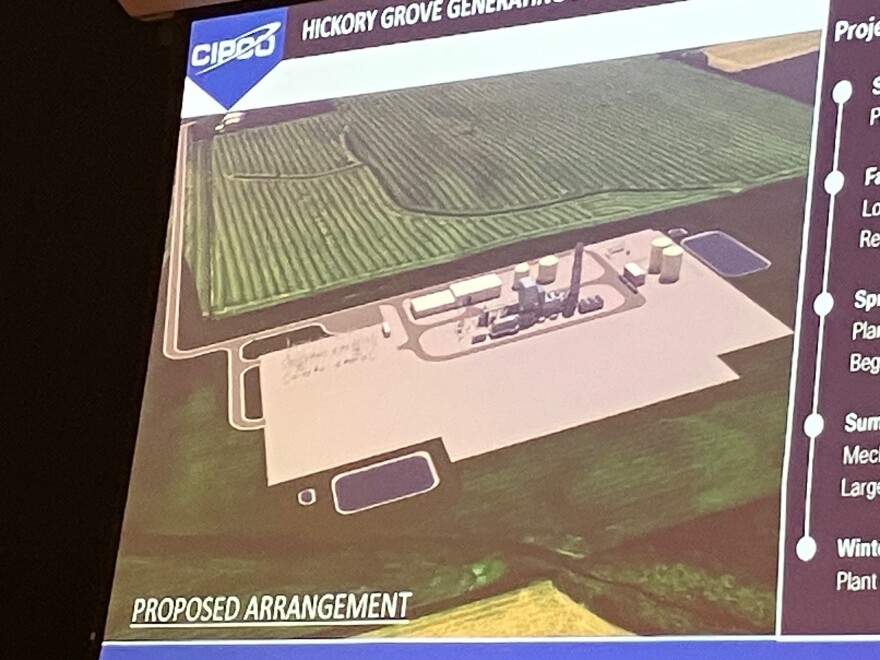 An aerial view rendering of the natural-gas power plant site east of Maysville, Iowa, shown at the Iowa Utilities Commission meeting April 6, 2026 in Davenport.